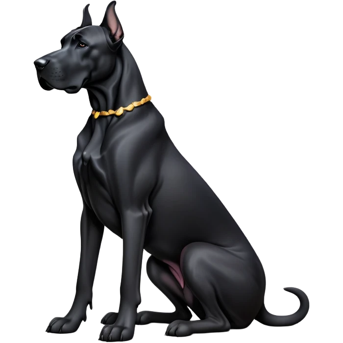 cinematic-[black great dane]-realistic-full-body-sitting-emoji,-tail-resting-loosely-beside-its-paws,-head-tilted-dramatically, ears drooped, -sleek-[black]-fur,-simplified-yet-realistic-focused-features,-highly-detailed,-glowing-with-an-almost-sarcastic-glow emoji