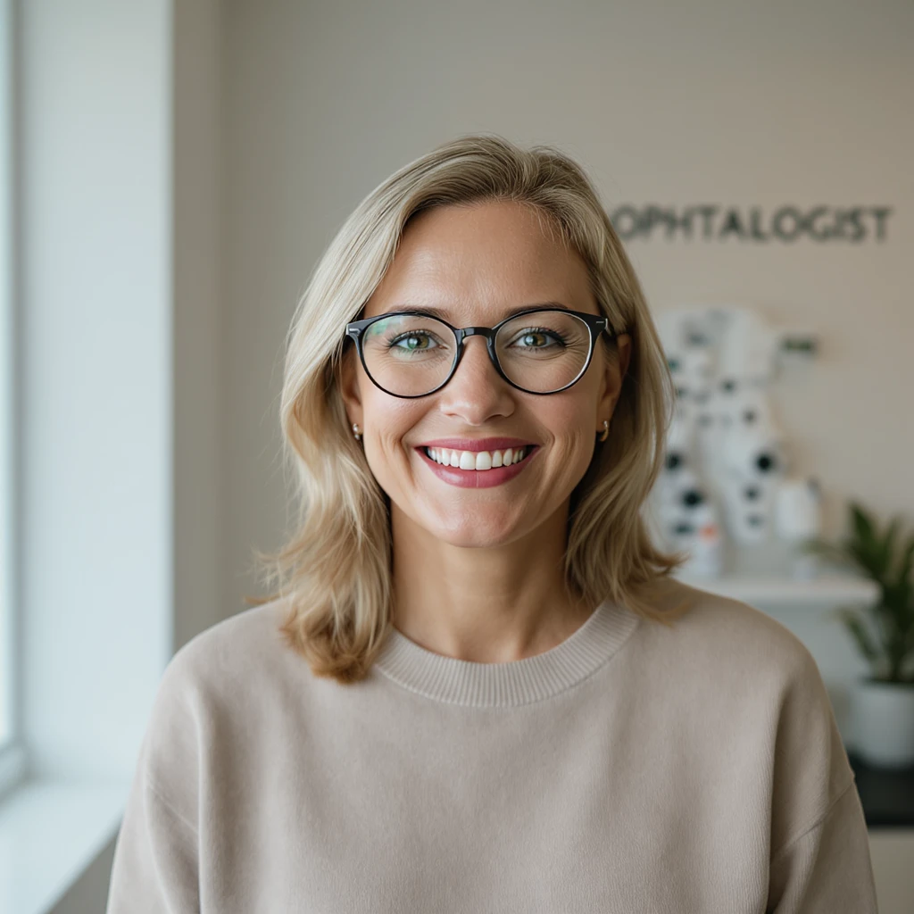 Medium shot, Cinematic still of a smiling european white woman with glasses smiling, minimalistic ophthalmologist interior in background, leading  lines, rule of thirds emoji