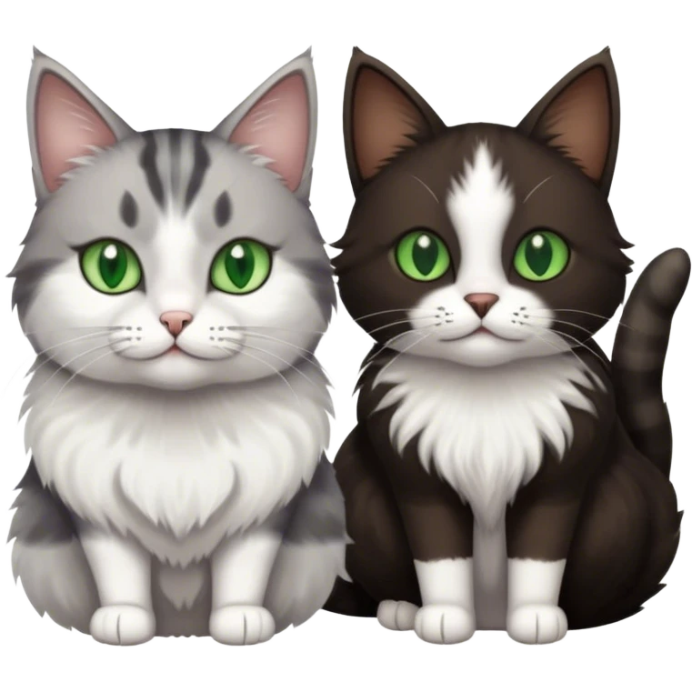 Grey and white cat next to a brown, black, and white fluffy cat. Both cats have green eyes   emoji