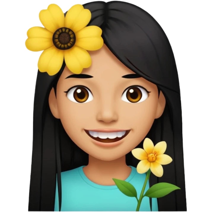 Woman with big teeth, a little tan and long straight black hairs with emoji