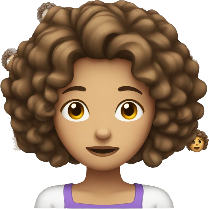 Female with curly brown hair holding head  with headache emoji
