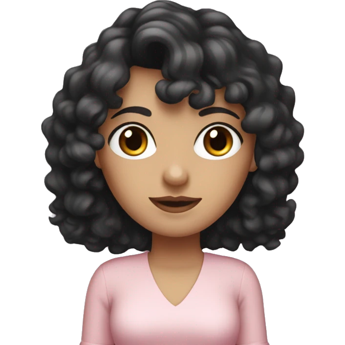 White woman with long black curly hair and bangs and dark brown eyes, wearing a pastel pink dress emoji