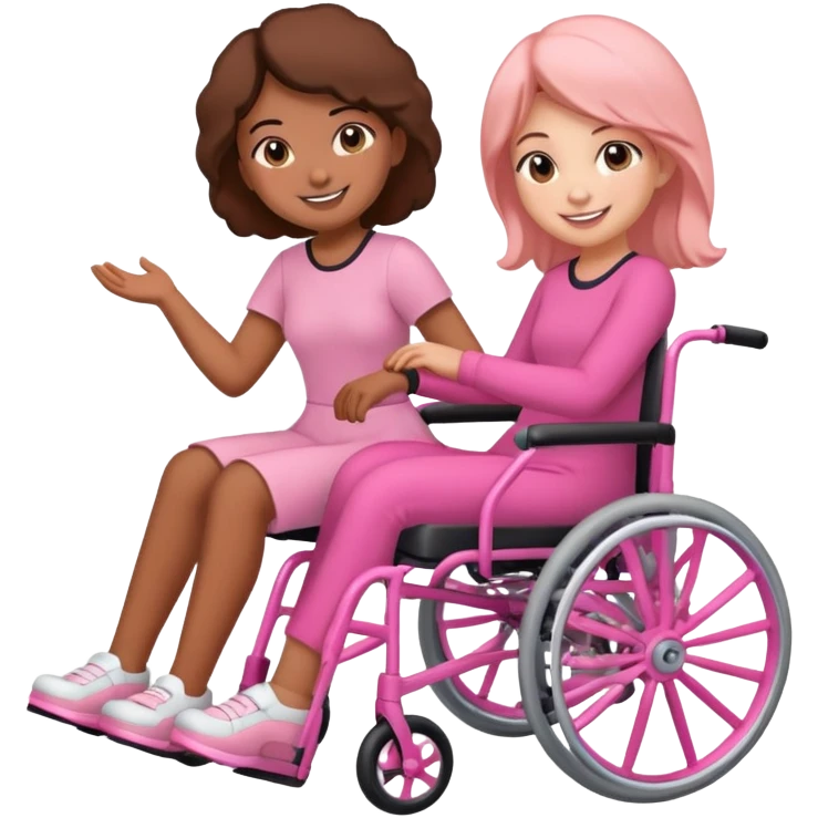 One peach skin sister pushing her brown skin sister in a pink wheelchair emoji
