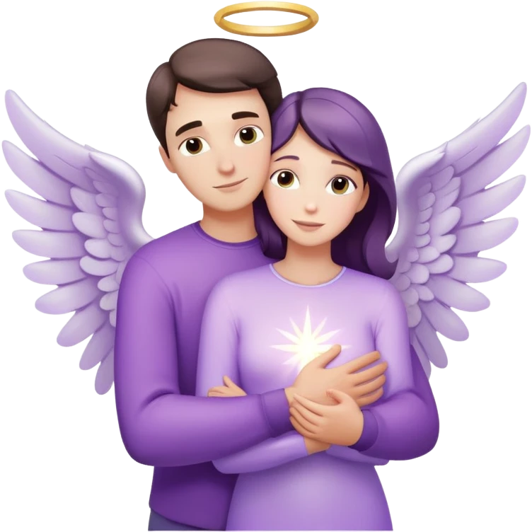 White brunette man human ray of light hugging a pastel purple woman angel emoji