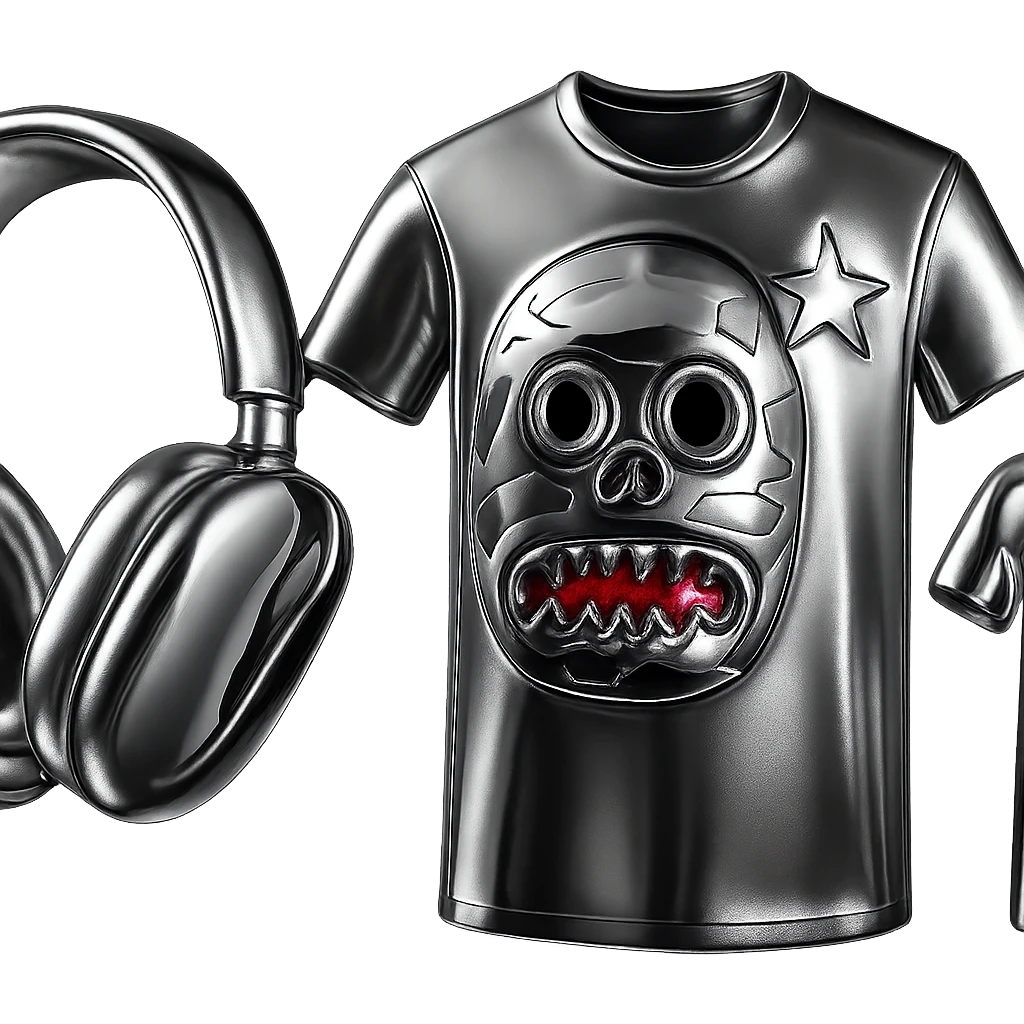 Transform the camo face t-shirt into a 3D chrome metallic style, keeping all preset colors and details, highly reflective and shiny, no background. emoji