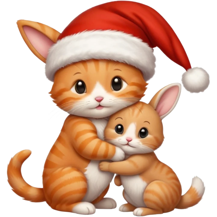 Happy Cute Kitten wearing a Santa hat hugging a cute bunny in a Santa hat  emoji