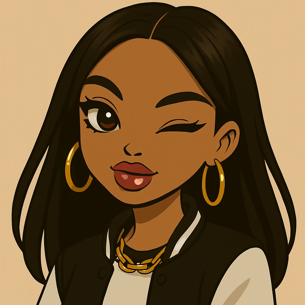 Headshot only of a 20-year-old anime Bratz style woman with dark skin and straight hair. She has a sassy attitude with a confident and playful expression. She wears trendy streetwear, has big expressive eyes, and glossy lips. No hat, no tears. emoji