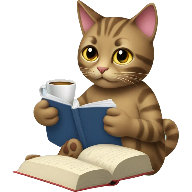 cat reading book and drinking coffee emoji
