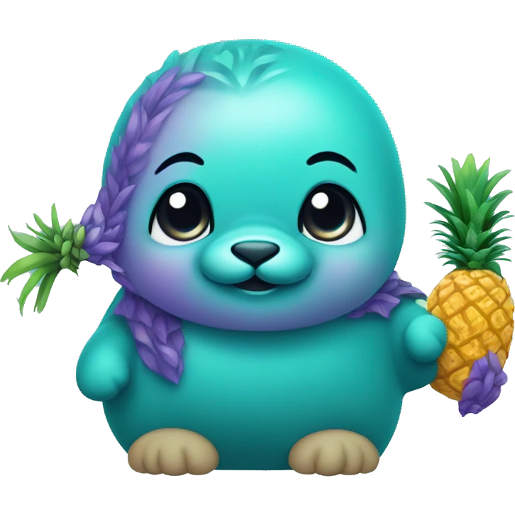 teal-colored seal holding a purple-colored pineapple emoji