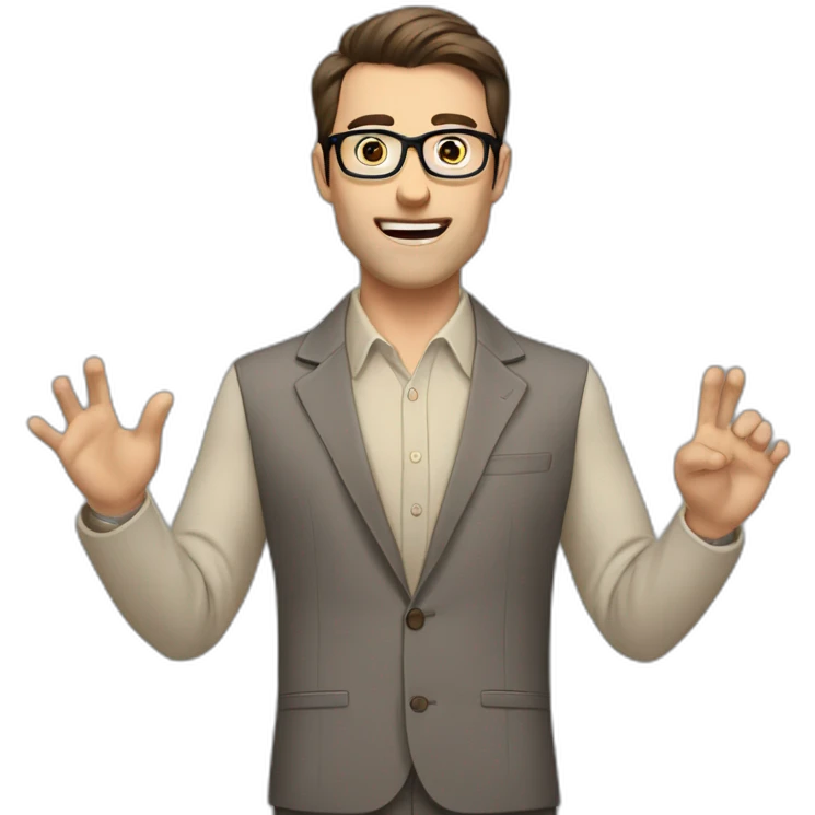 To belt Actively gesturing with hands Pale skinned fit man with dark brown hair in gray jacket, beige office shirt, brown tie, brown pants and vintage glasses. emoji