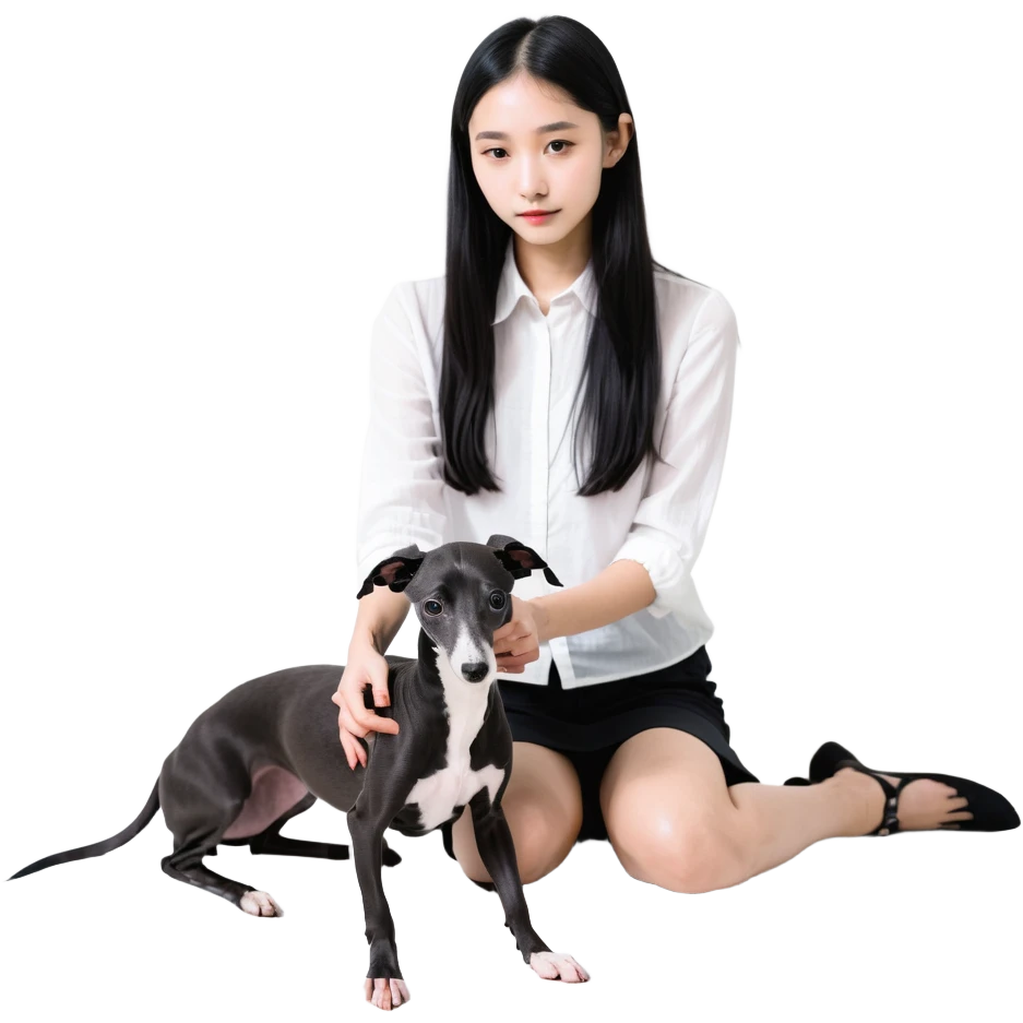 Slim Chinese girl with long black hair petting completely dark grey Italian greyhound with absolutely no white markings anywhere emoji