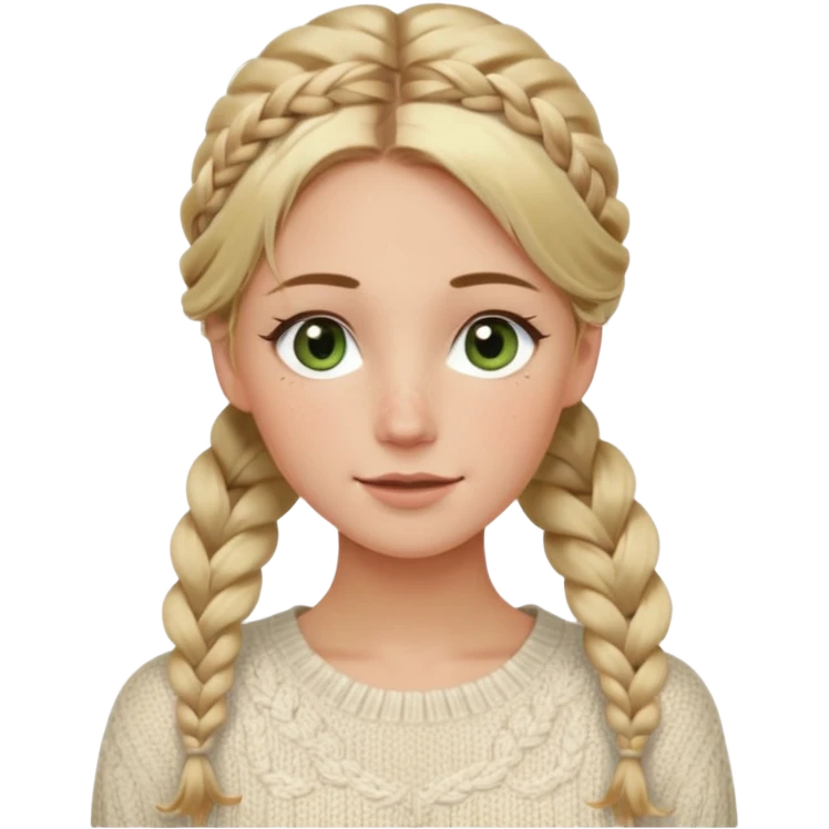 dirty blonde hazel/green eyes woman with a white cable knit sweater and one braid down her back  with tendrils of hair flowing down her face and she is happy pale, some freckles, blush. she has a cateye wing and long lashes emoji