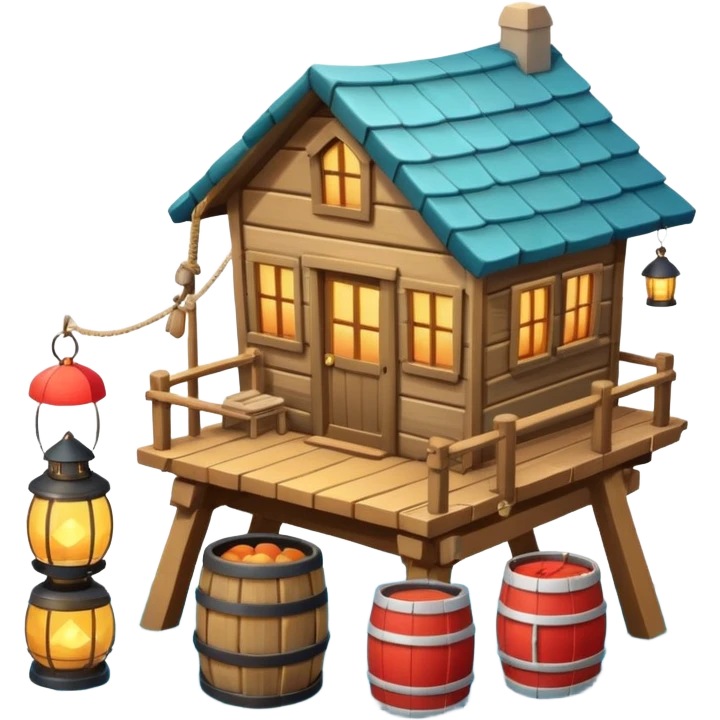 
fisherman house on a wooden pier, small dock, fishing nets hanging, barrels, lantern, ocean vibe, 3D cartoon, cute mobile game icon, clean background, no text
 emoji