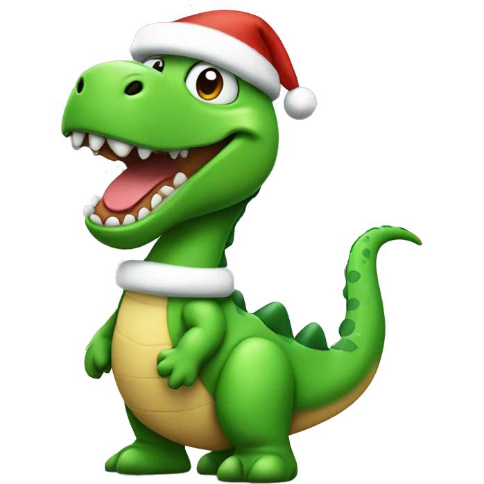 happy green dino wearing santa hat emoji