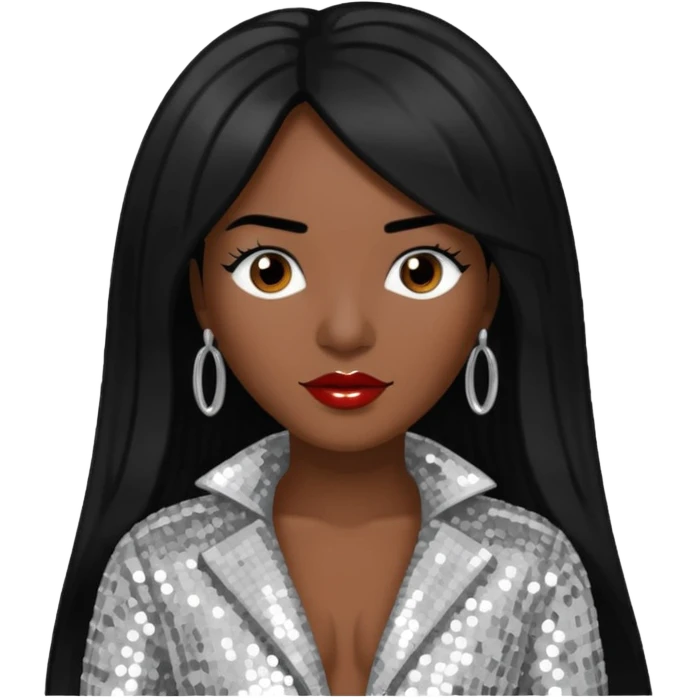 Chilli from TLC with dark skin, long black hair, silver outfit emoji