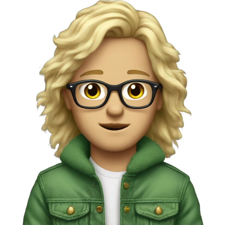 blonde long haired boy with green eyes glasses jean jacket with fur lining emoji