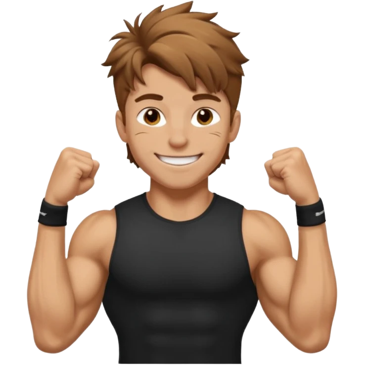 Gym rat with light brown hair and black t shirt, and messy hair. And muscular ,and happy a little emoji