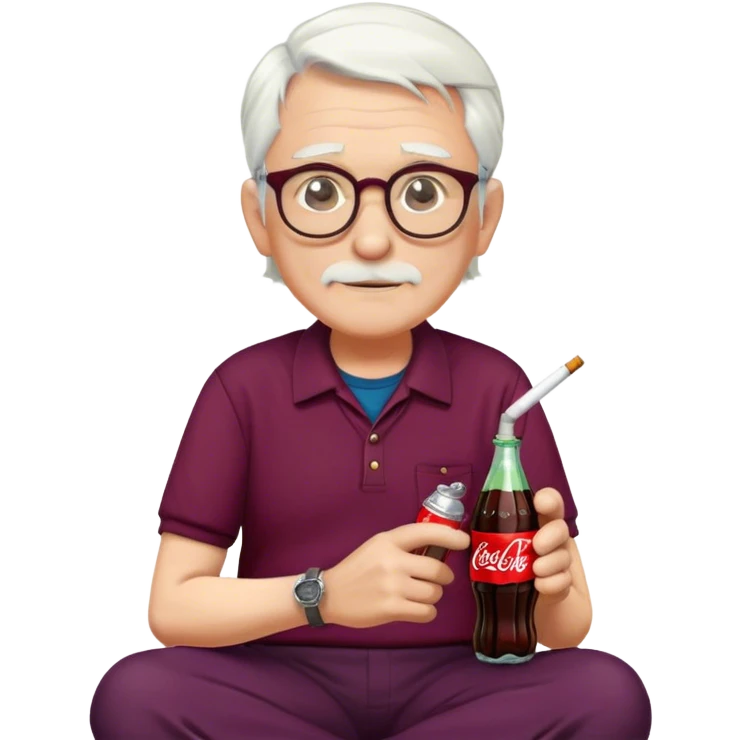 Older man with white hair, glasses, red college shirt, dark plum colored trousers, has a cap on and a clock on his wrist, sitä with cigarette and coca-cola bottle emoji