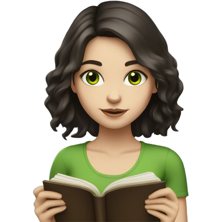 Girl with green eyes, shoulder length dark brown hair, pale skin, reading a book  emoji