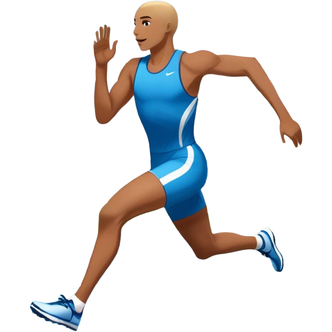 An icon symbolizing professional running: a dynamic sprinting athlete in motion on a track, leaving motion lines behind. The background features a large stadium with cheering crowds, a digital timer, and a clear blue sky. Transparent background emphasizes speed, endurance, and competition. emoji