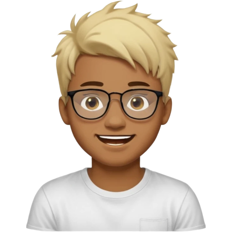 Teenager. Short buzz, messy blonde hair. Dark brown bushy eyebrows large expressive golden-brown eyes, brown skin color, scar over nose, wearing a plain white t-shirt. wearing clear thick black glasses. 20 year old male. laugh facial expression. brown skin color.  emoji