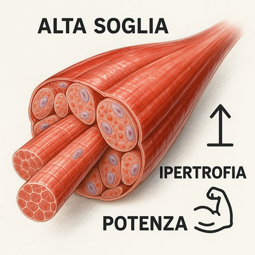 hyper realistic illustration of high threshold fast contracting muscle fibers, highly hypertrophiable, with internal Italian text 'alta soglia', 'ipertrofia', 'potenza', cellular details, growth symbols, clinical atmosphere, white background emoji
