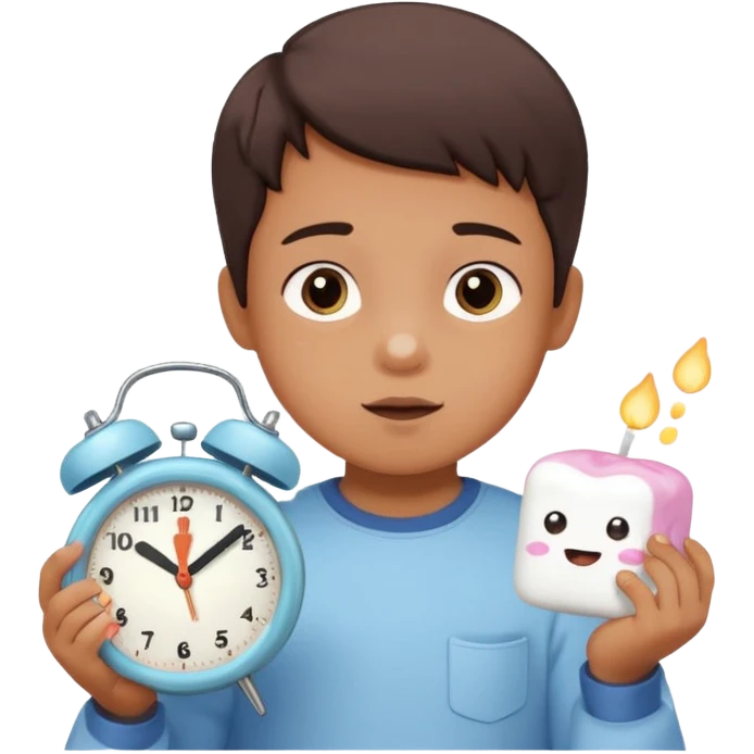 Emoji-style marshmallow test, child choosing between 1 marshmallow now and 2 later, clock above showing 15 minutes, cute lighting and pastel colors emoji