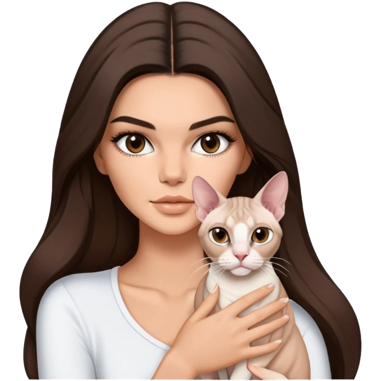 brunette Kendall Jenner with long hair holding on the hands a white Sphynx cat emoji