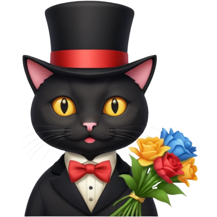 black cat silly with a bouquet gentleman emoji