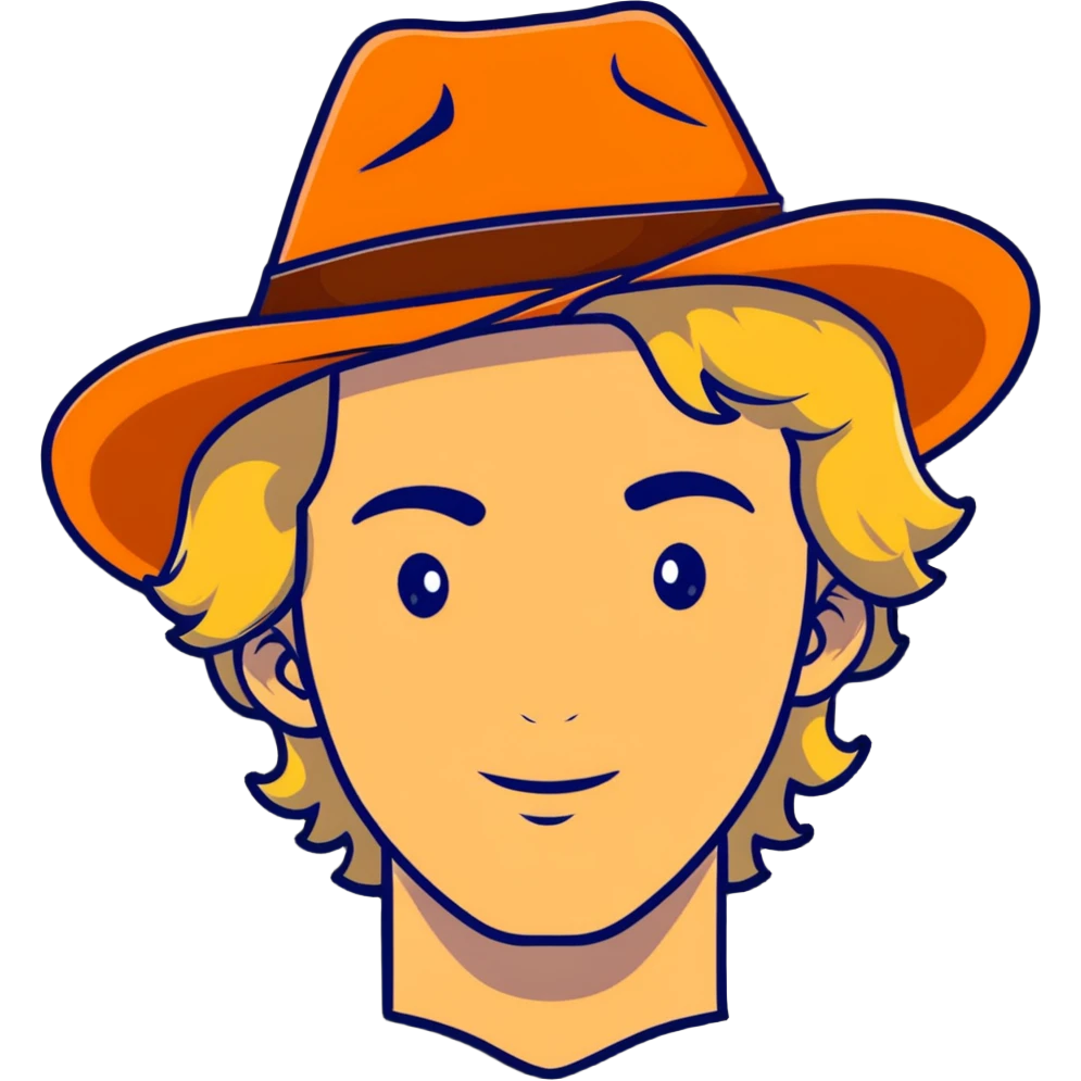 young man with wavy blonde hair, blank face, orange cowboy hat emoji