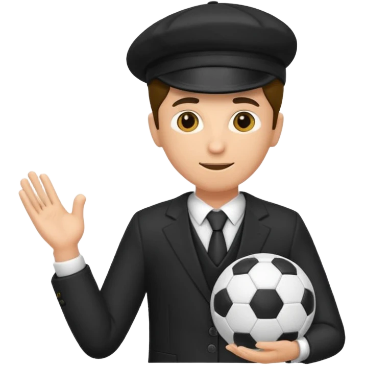 Director tecnico de futbol, con un traje negro, gorra y un balon de futbol bajo el brazo emoji