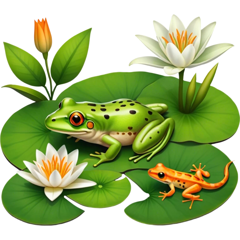 Icon for Amphibians: A colorful collage featuring a frog sitting on a lily pad, a salamander crawling on the ground and a newt swimming in water. The background features lily flowers and a calm pond setting. Transparent background. emoji