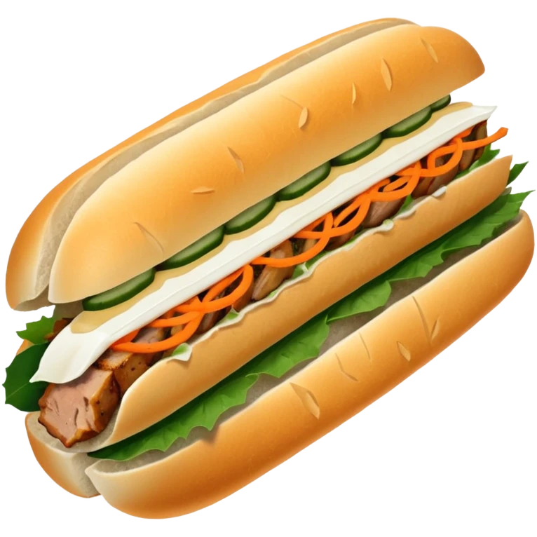 traditional banh mi with char grilled pork


    Very crusty baguette

    Mayo 

    Pickled carrot 

    Cucumber, coriander/cilantro, green onion, chilli 
 emoji