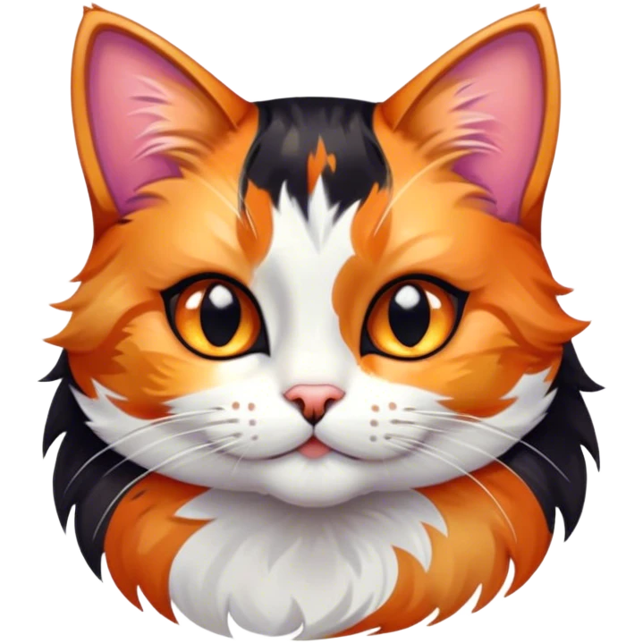 Cinematic Cute Calico Cat Portrait Emoji, Head tilted playfully with sparkling, inquisitive eyes and a charming patchwork fur of orange, black, and white, simplified yet irresistibly adorable, highly detailed, glowing with a warm, inviting glow, high shine, bubbly and affectionate, styled with a touch of whimsical feline charm, soft glowing outline, capturing the essence of a delightfully cute calico cat that looks as if it could prance off the screen into your heart! emoji