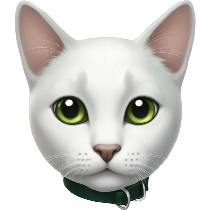 white cat with black spot next to his right ear, black tail and black spot in his back and dark green collar emoji