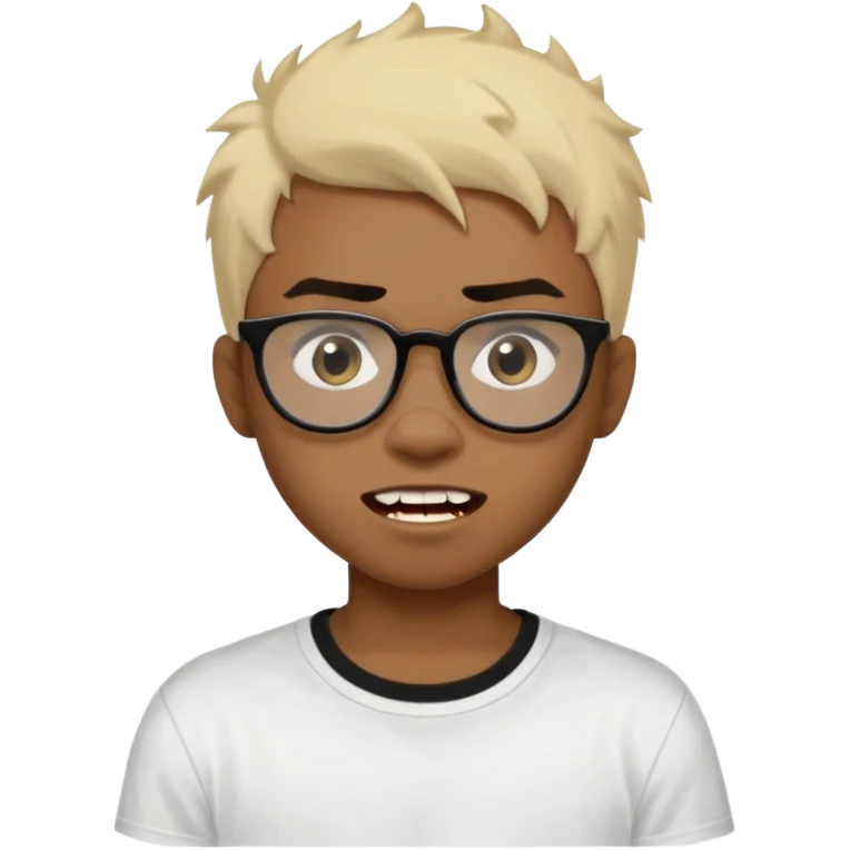 Black Male Teenager with Short punk messy blonde hair, Dark brown bushy eyebrows large expressive golden-brown eyes, wearing a plain white t-shirt, wearing thick black glasses, Dark Brown skin color. vampire tooth emoji