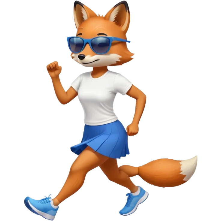 friendly anthropomorphised female fox in skirt and t-shirt, wearing dark sunglasses, jogging upright in relaxed pose emoji