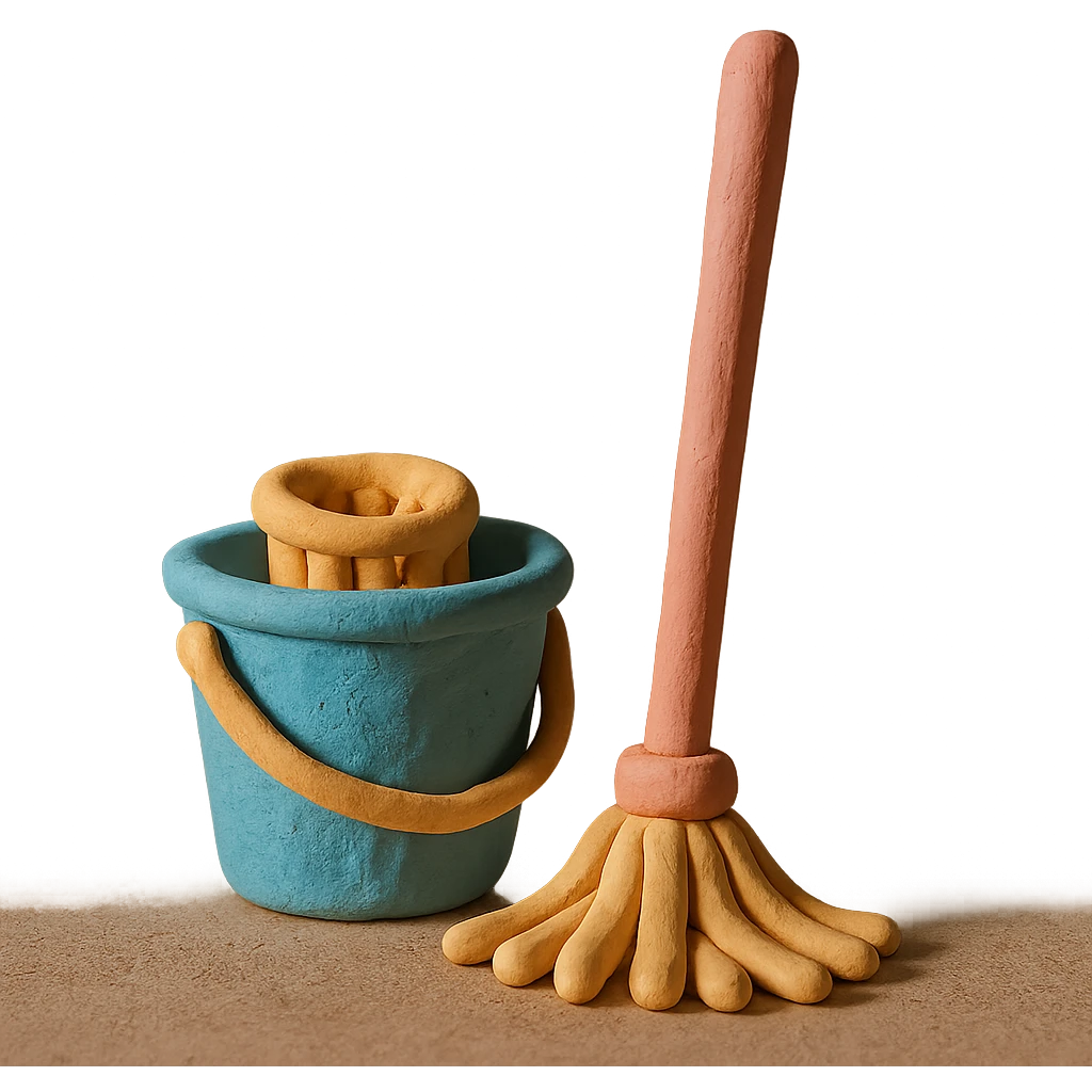 bucket and mop in claymation style, pastel colors, visible fingerprints, soft matte finish emoji