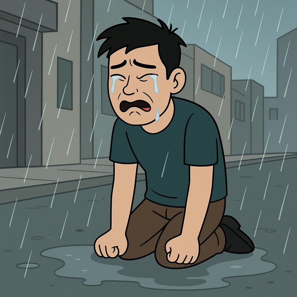 sad Asian man kneeling and crying in a rainy street, simple city background emoji