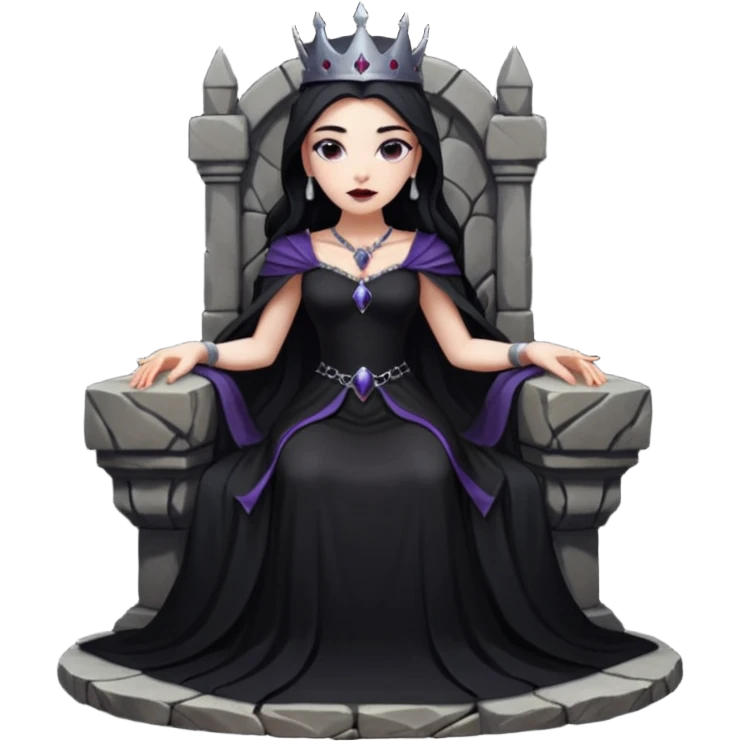 Dark queen seated on stone throne, relaxed dominance, heavy shadows, cold emoji
