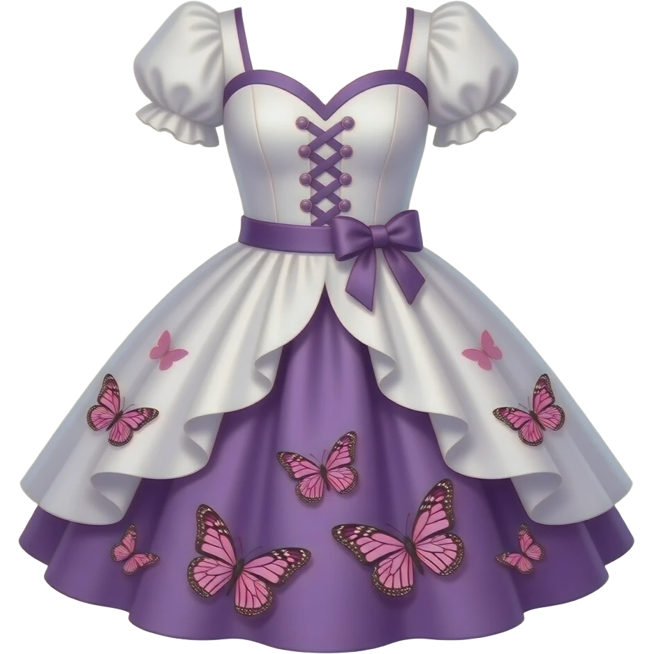 vestido elegante de vuelo parte de ariba blanco con flores violetas y la parte inferior con tablas violeta con mariposas rosas emoji