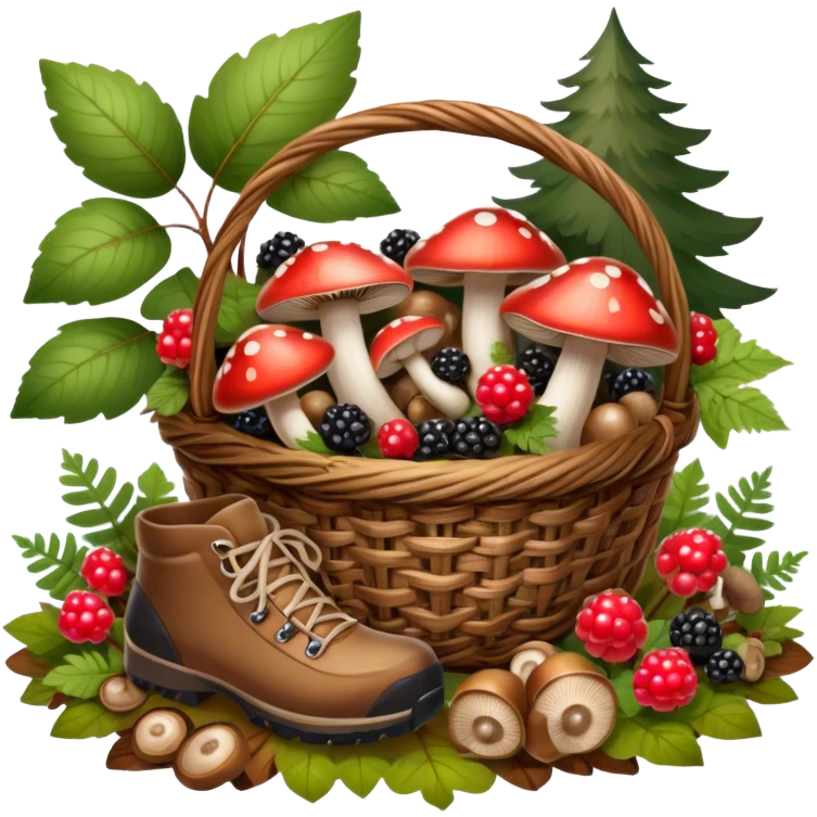 Icon for Mushroom and Berry Tourism: a basket filled with mushrooms and berries, surrounded by forest elements like trees, leaves, and a hiking boot. The icon should capture the joy of foraging in nature. Transparent background. emoji
