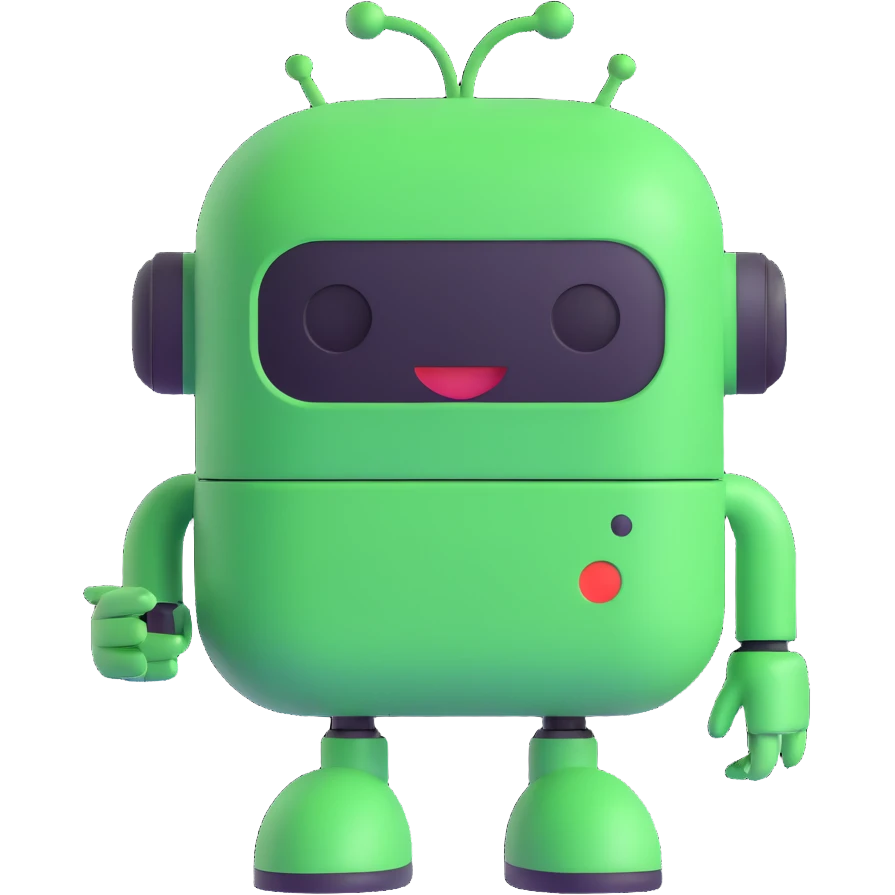 A green chat bot with a happy expression emoji