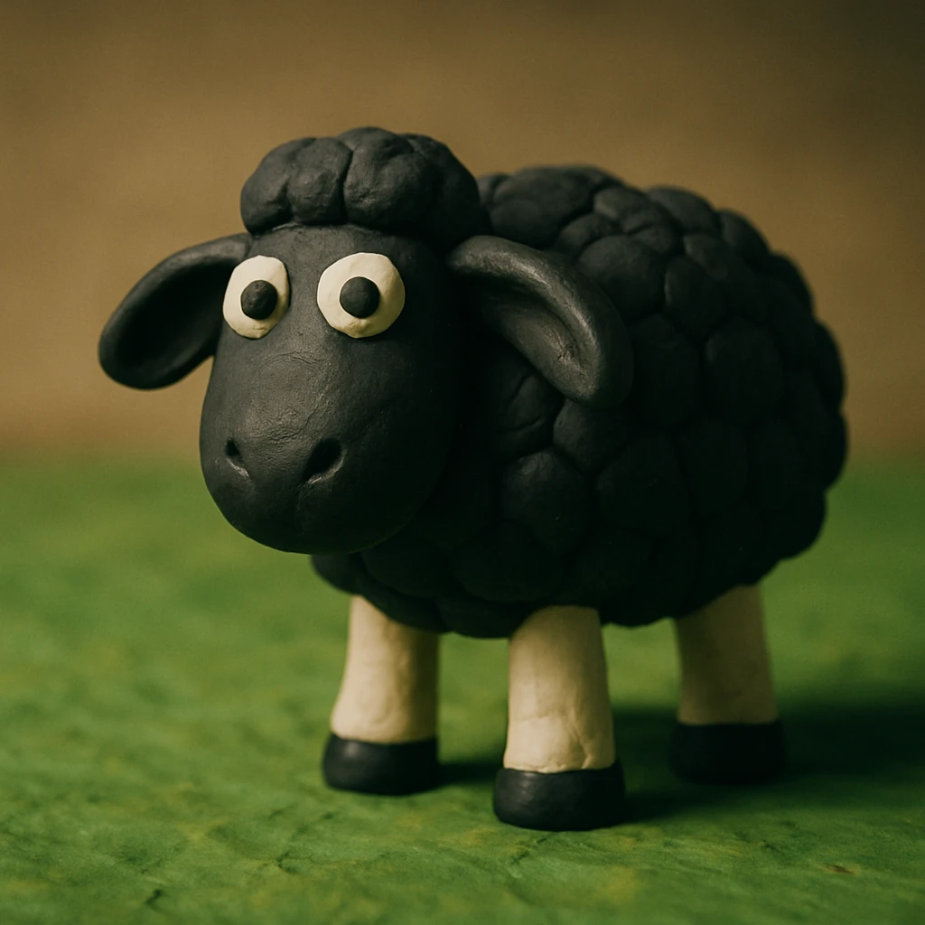 sheep with black wool standing on green grass, visible fingerprints, matte plasticine look, claymation style emoji