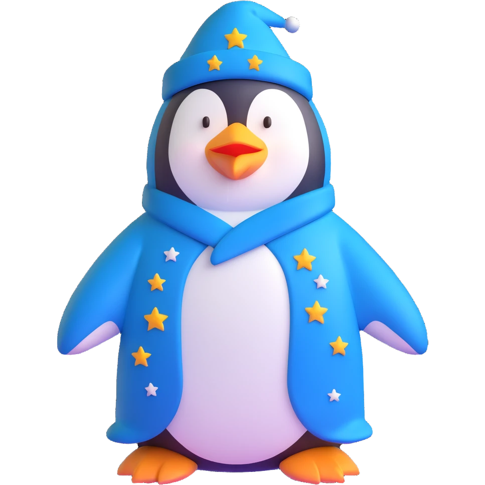penguin wizard with a blue robe and starry hat emoji