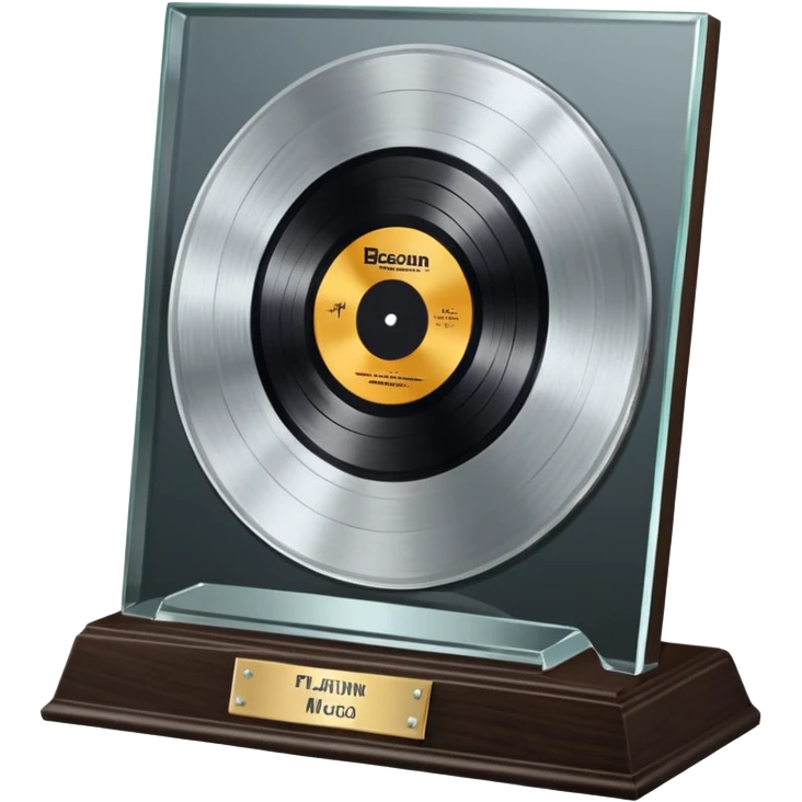 A platinum music award plaque: a square, polished platinum plate with a subtly textured, mirror-like finish, mounted on a simple dark wood base. The center features a relief of a or stylized vinyl record in a slightly darker metallic tone.  emoji