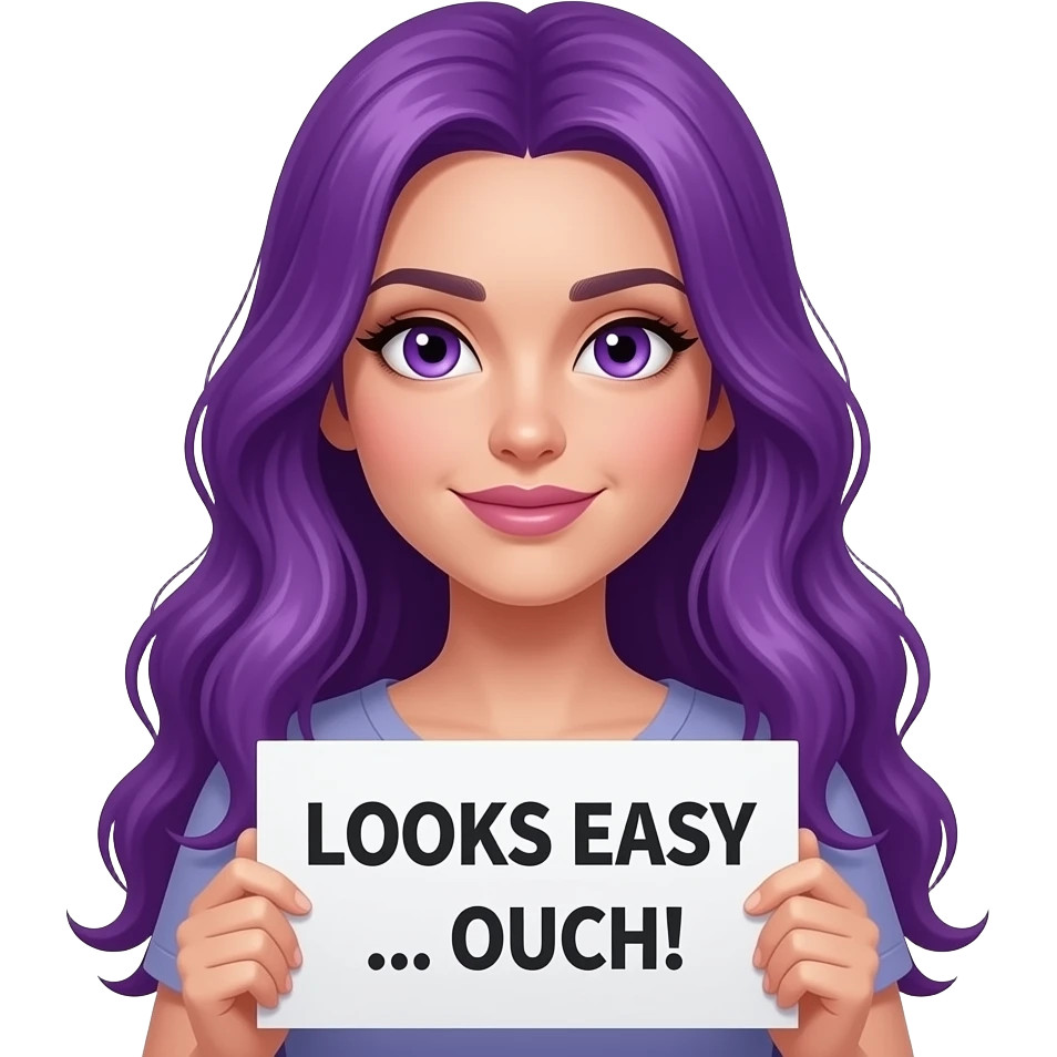 sexy girl with long purple hair and purple eyes holding a LOOKS EASY... OUCH!sign emoji