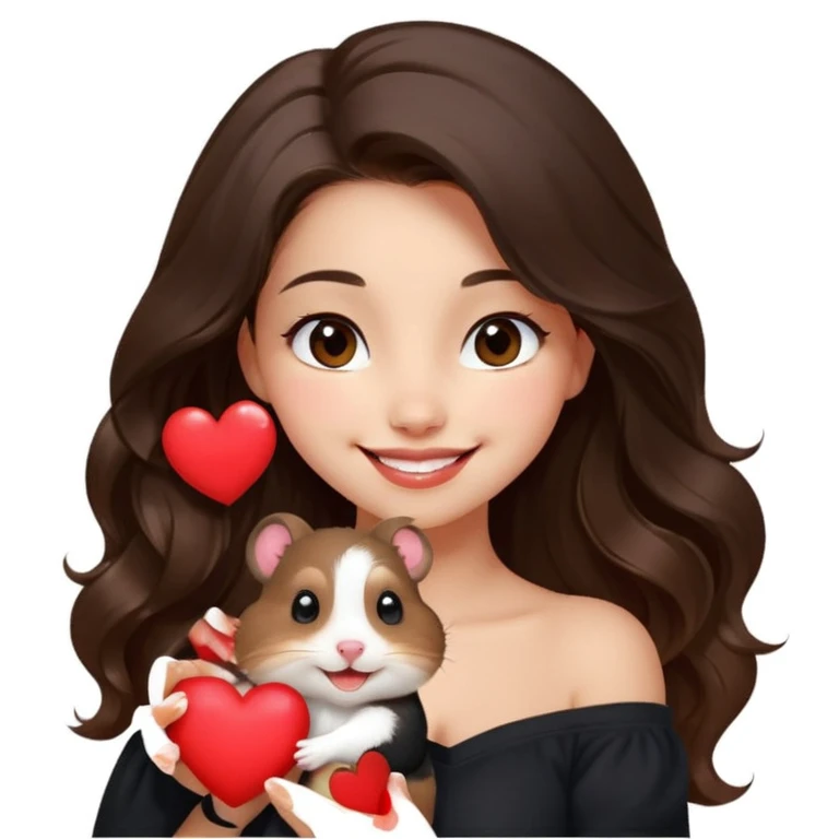 modern clean emoji of a young woman with medium skin, long wavy dark brown hair, black off-shoulder top, soft friendly smile, expressive warm eyes, playful hamster on her shoulder winking and holding a tiny red heart, cheerful charming confident style, subtle gradient background emoji