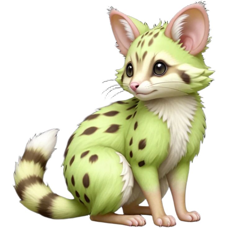 Light-neon-green, soft realistic romantic vintage antique divine beautiful elegant pretty precious cute young youthful  Fakémon-Pokémon-opossum-feline-mouse-serval-caracal-chinchilla-Minccino-Cinccino-Meowstic-rodent-hybrid-creature with a big fluffy bushy tail (full body) emoji