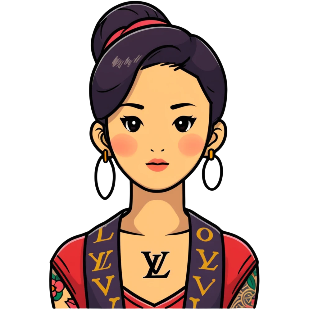 Asian woman with LV tattoo on left cheek emoji